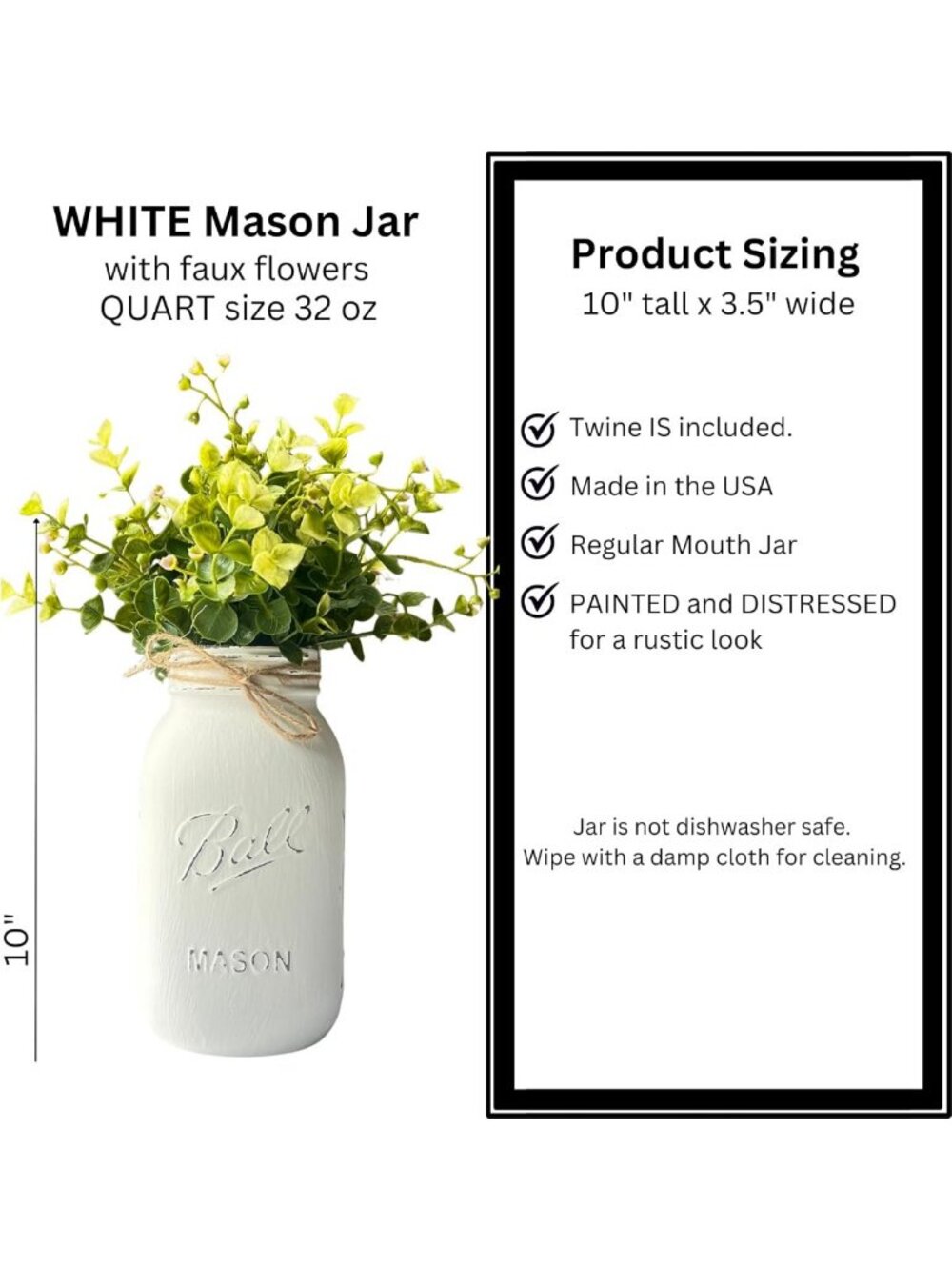 Rustic Farmhouse Mason Jar Centerpiece with Flowers | 10" Dining Table Decor - Picture 2 of 8
